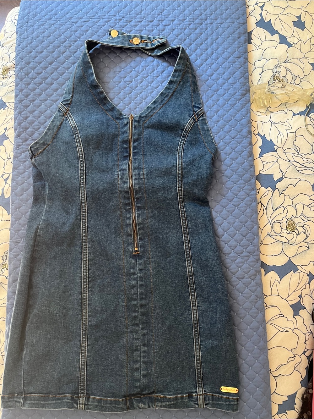Baby Phat Dark Blue Denim Halter Mini Dress with Front Zip